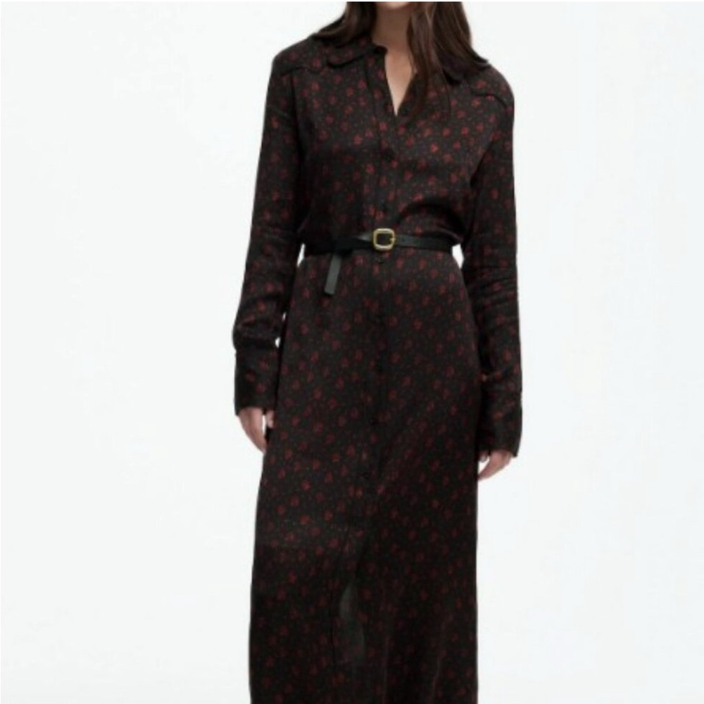 Madewell Black and Red Floral Buttoned Long Sleeve Shirt Dress